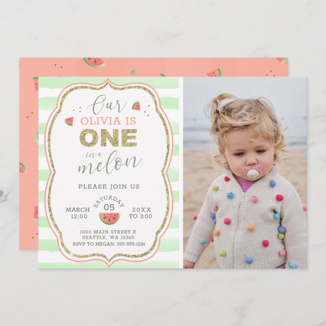 Pink and Gold Sparkle One in a Melon 1st Birthday Invitation (Front/Back)