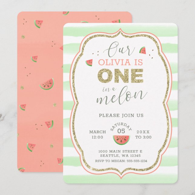 Pink and Gold Sparkle One in a Melon 1st Birthday Invitation (Front/Back)