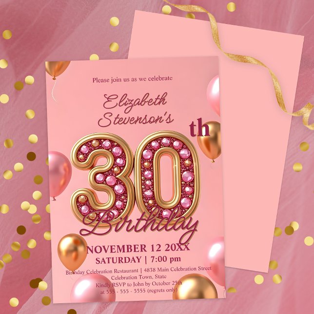 Pink and Gold Sparkling Gemstones 30th Birthday  Invitation (Creator Uploaded)