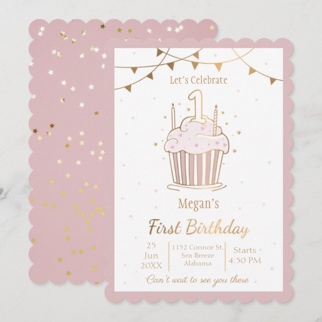 Pink and Gold Stars 1st birthday Invitation (Front/Back)
