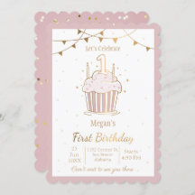 Pink and Gold Stars 1st birthday Invitation