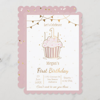 Pink and Gold Stars 1st birthday Invitation