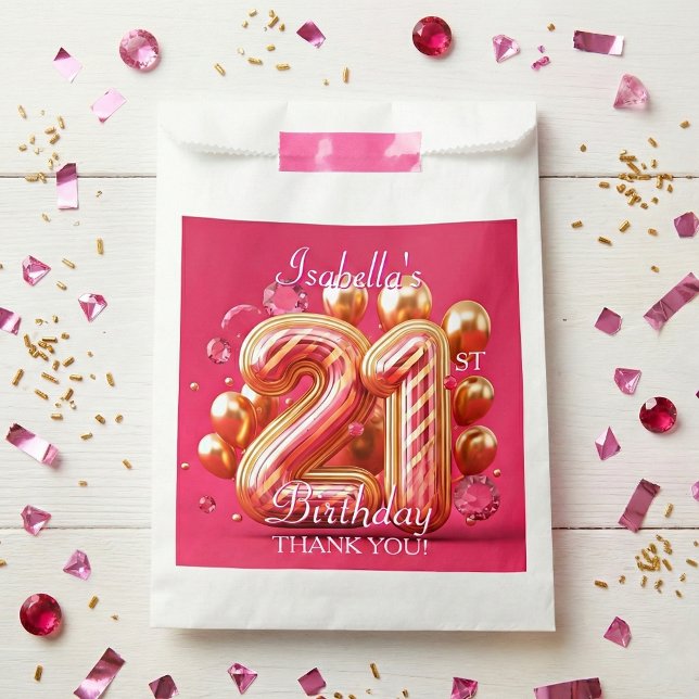 Pink and Gold Striped Balloon 21st Birthday Favour Bag (Creator Uploaded)