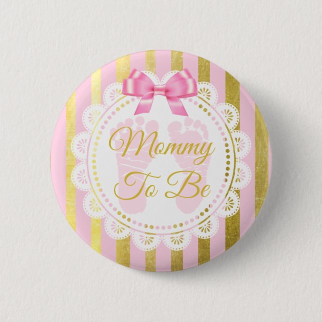 Pink and Gold Striped Bow Mummy to Be Button (Front)