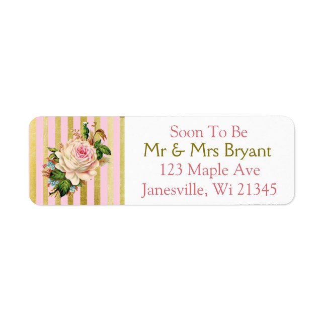 Pink and Gold Striped Rose Return Address Label (Front)