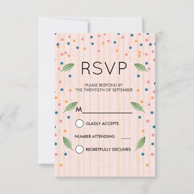 Pink and Gold Stripes Green Leaves & Confetti RSVP Card (Front)