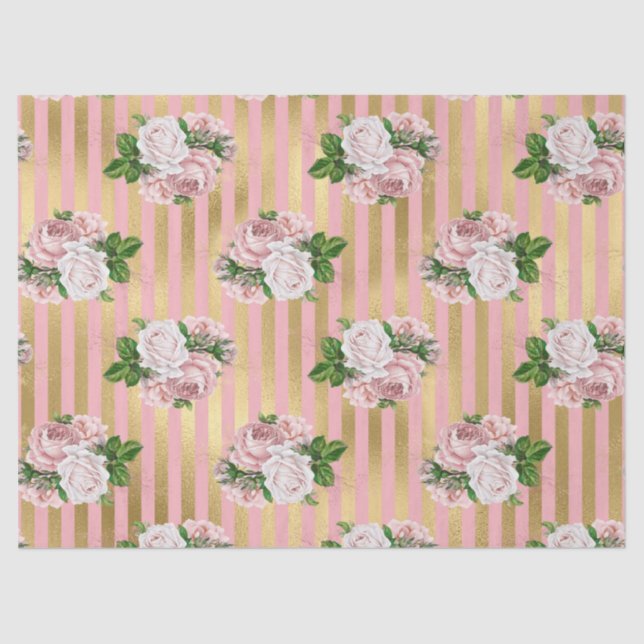 Pink and Gold Stripes with Roses Decoupage Tissue Paper (Front)