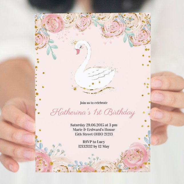 Pink and Gold Swan Birthday Invitation (Creator Uploaded)