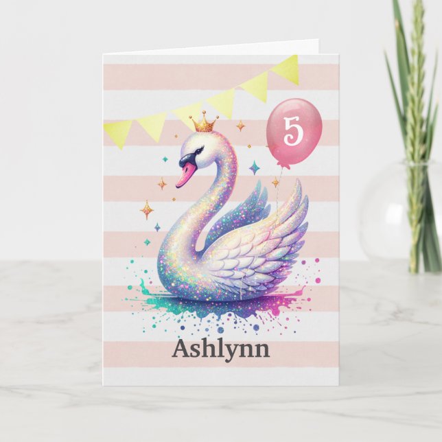 Pink and Gold Swan Princess 5th Birthday Card (Front)
