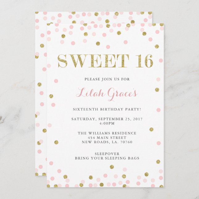 Pink and Gold Sweet 16 Birthday Invitations (Front/Back)
