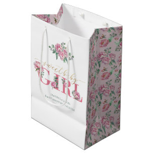 Pink and Gold Sweet Baby Girl Floral Baby Shower Medium Gift Bag