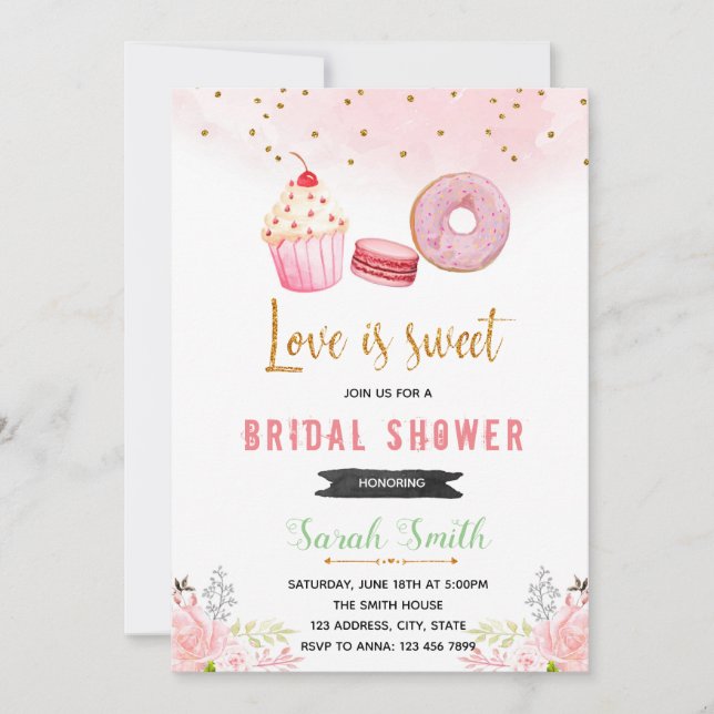 Pink and gold sweet bridal shower invitation (Front)