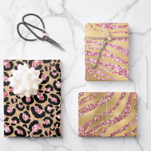 Pink and Gold Tiger Stripes and Leopard Spots Wrapping Paper Sheet