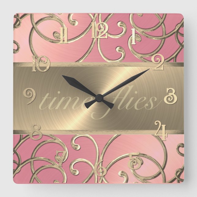 Pink and Gold Time Flies Clock (Front)