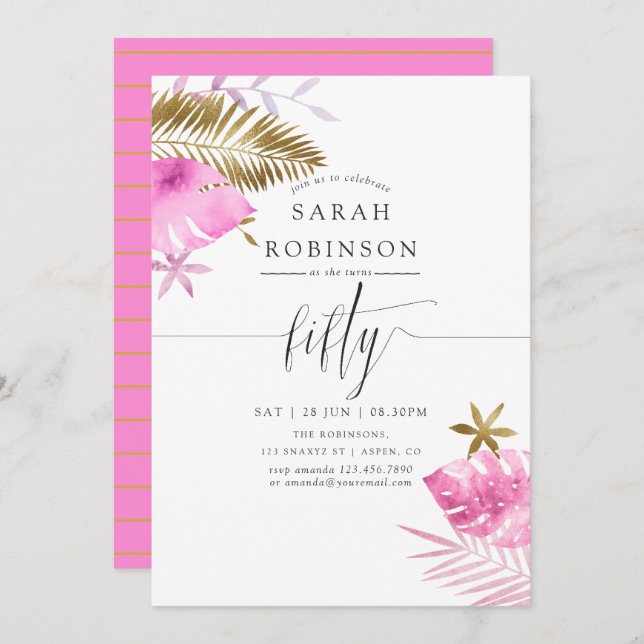 Pink and Gold Tropical 50th Birthday Party Invite (Front/Back)