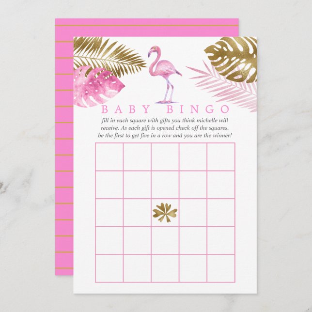 Pink and Gold Tropical Flamingo Baby Shower Bingo Invitation (Front/Back)