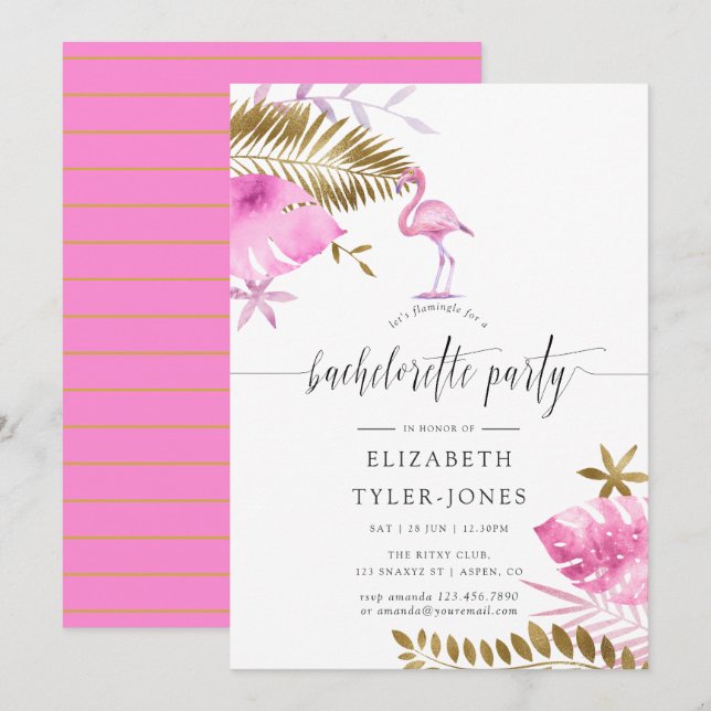 Pink and Gold Tropical Flamingo Bachelorette Party Invitation (Front/Back)