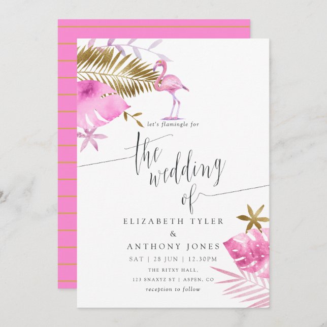 Pink and Gold Tropical Flamingo Wedding Invitation (Front/Back)