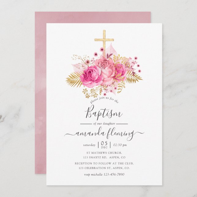 Pink and Gold Tropical Floral Baptism Invitation (Front/Back)