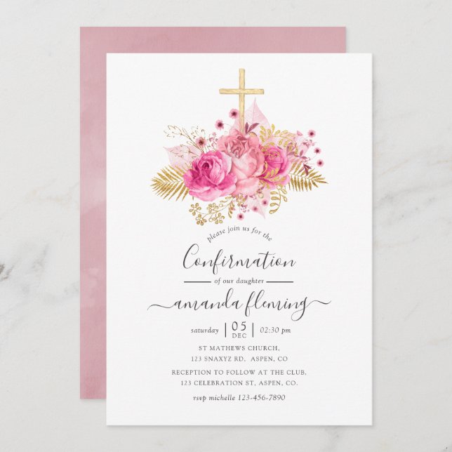 Pink and Gold Tropical Floral Confirmation Invitation (Front/Back)