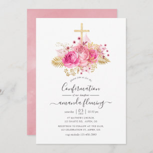 Pink and Gold Tropical Floral Confirmation Invitation