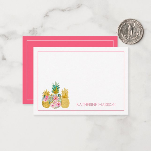 Pink and Gold Tropical Floral Pineapples Card (Front/Back In Situ)