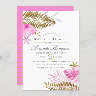 Pink and Gold Tropical Leaves Girl Baby Shower Invitation