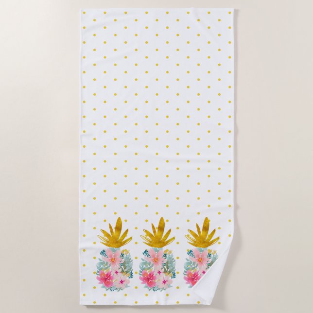 Pink and Gold Tropical Pineapples and Polka Dots Beach Towel (Front)
