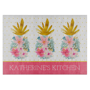 Pink and Gold Tropical Pineapples and Polka Dots Cutting Board