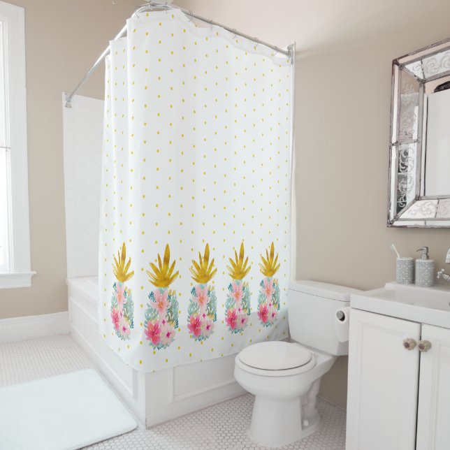 Pink and Gold Tropical Pineapples and Polka Dots Shower Curtain (In Situ)