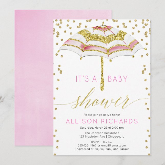Pink and gold umbrella girl baby shower invitation (Front/Back)