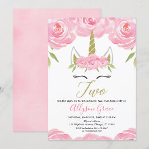 pink and gold Unicorn 2nd birthday girl Invitation