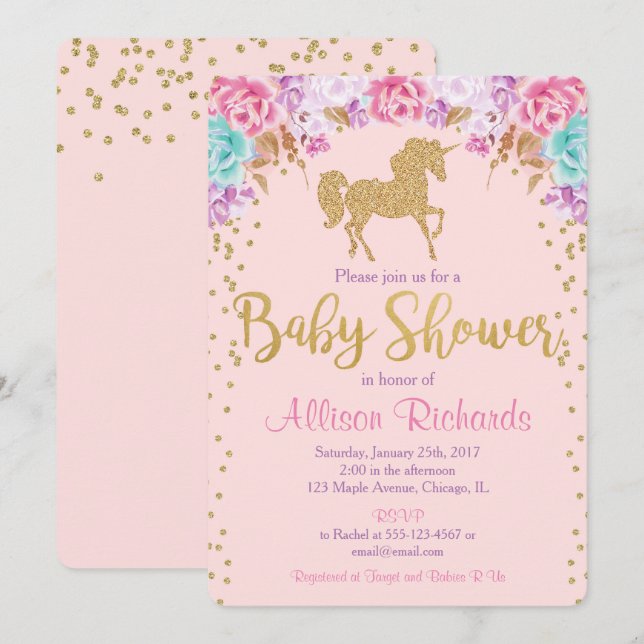 Pink and gold Unicorn baby shower invitation (Front/Back)