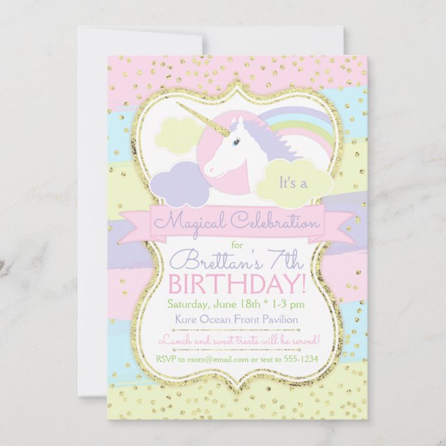 Pink and Gold Unicorn Birthday Invitation (Front)