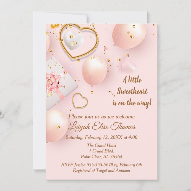 Pink and Gold Valentine Baby Shower Invitation (Front)