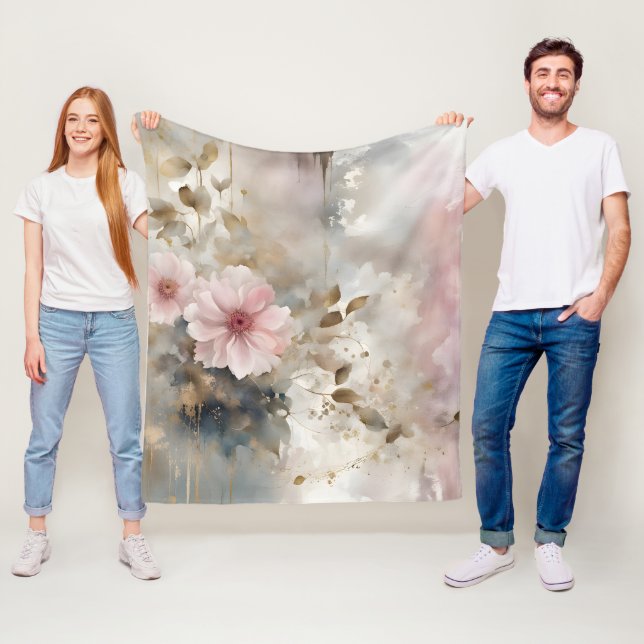 Pink and Gold Wabi-Sabi Flowers Grey Background Fleece Blanket (In Situ)