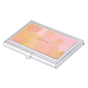 Pink and Gold Watercolor Abstract Painting Business Card Holder