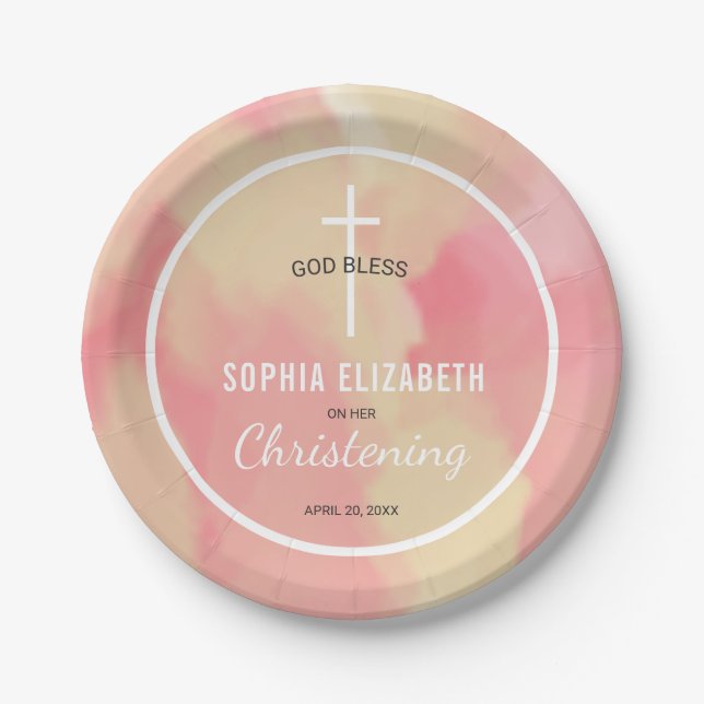 Pink and Gold Watercolor Baby Girl Christening Paper Plate (Front)