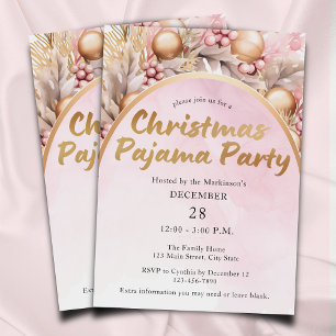 Pink and Gold Watercolor Christmas Pajama Party Invitation