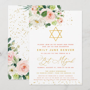 Pink And Gold Watercolor Floral Bat Mitzvah Invitation