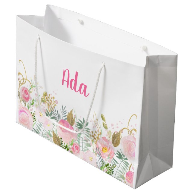 Pink and Gold Watercolor Floral Large Gift Bag (Front Angled)