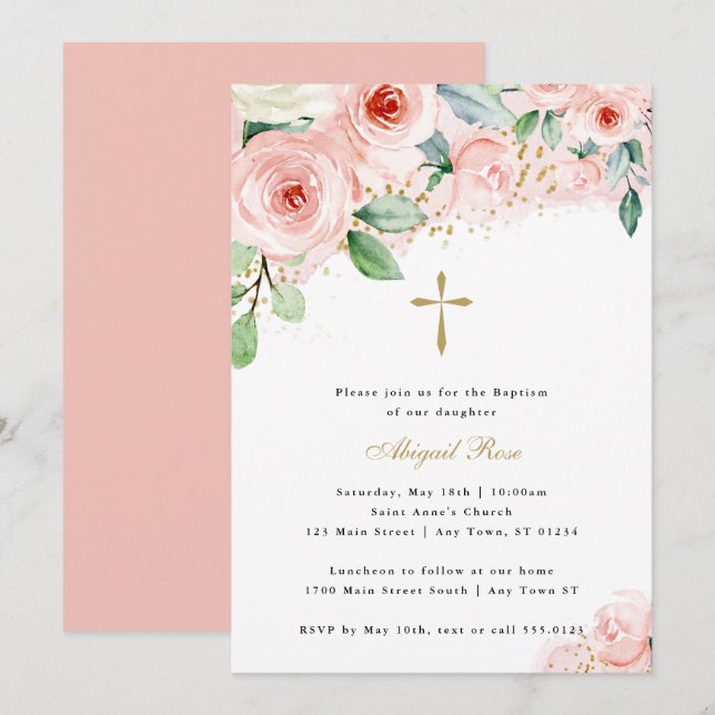 Pink and Gold Watercolor Floral Religious Baptism  Invitation (Front/Back)