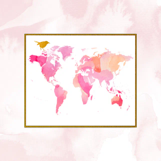 Pink And Gold Watercolor World Map Poster | Zazzle