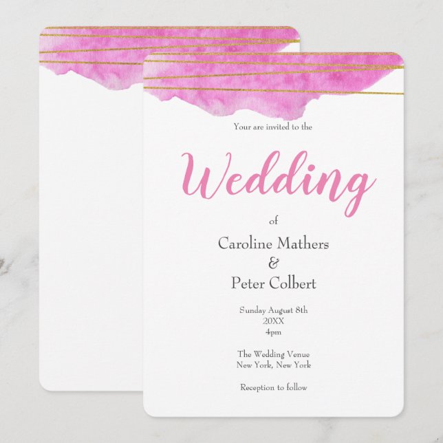 Pink and Gold Watercolour Wedding Invitation (Front/Back)