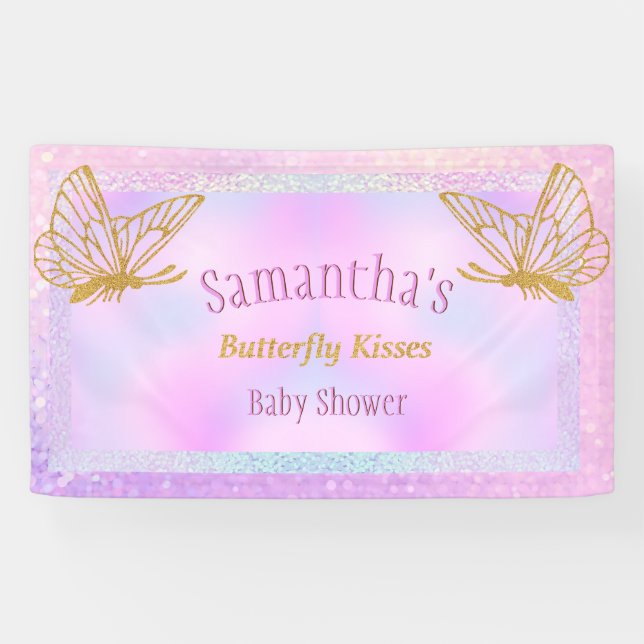 Pink and Gold Whimsical Butterfly Baby Shower Banner (Horizontal)