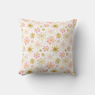Pink and Gold Winter Snowflakes Cushion