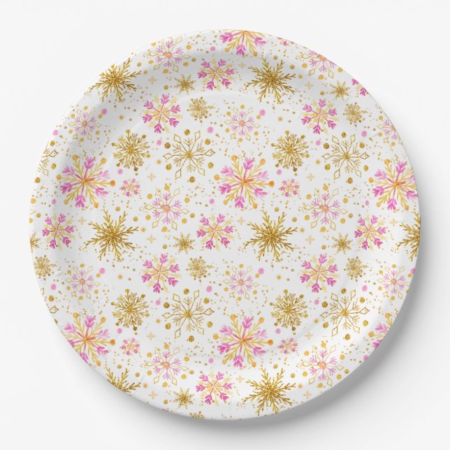 Pink and Gold Winter Snowflakes Paper Plate (Front)