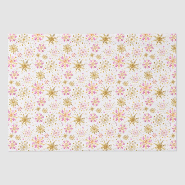 Pink and Gold Winter Snowflakes Pattern Tissue Paper (Front)