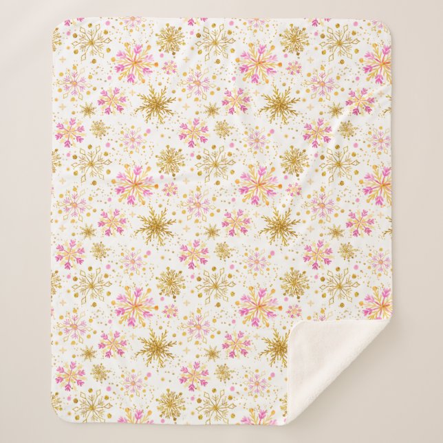 Pink and Gold Winter Snowflakes Sherpa Blanket (Front)