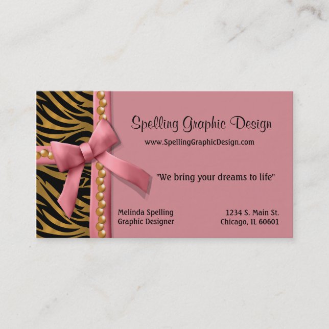 Pink And Gold Zebra Striped Business Card (Front)